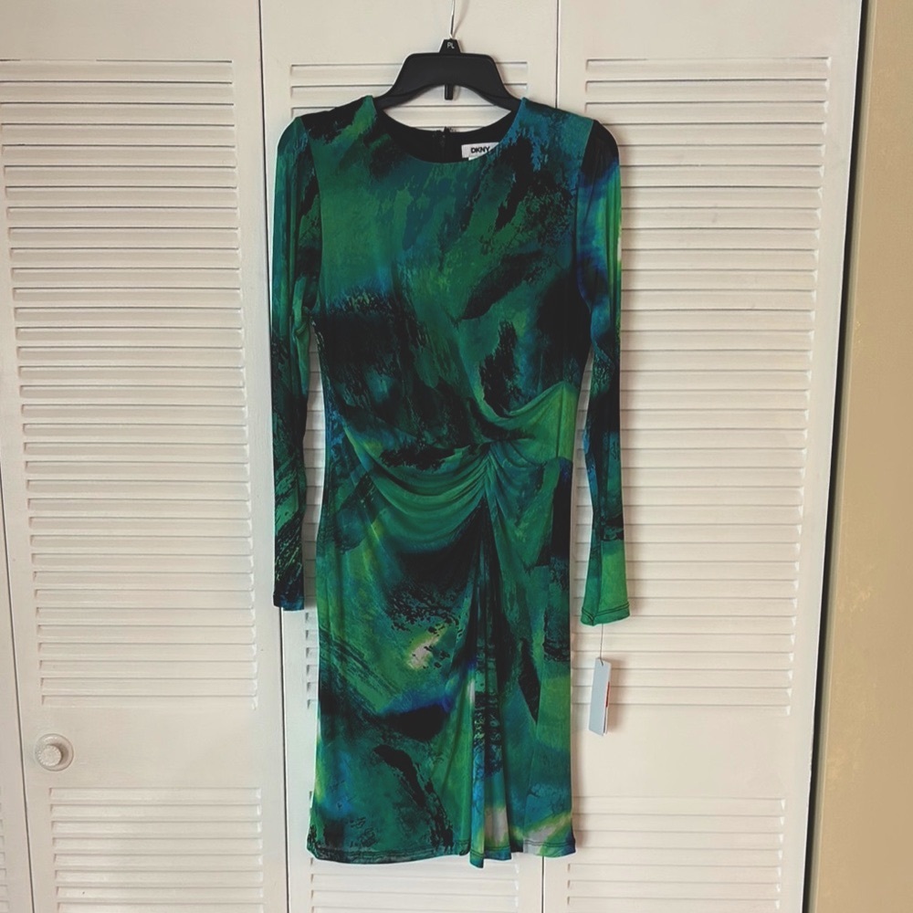 DKNY Elegant Green and Black Ruched Dress